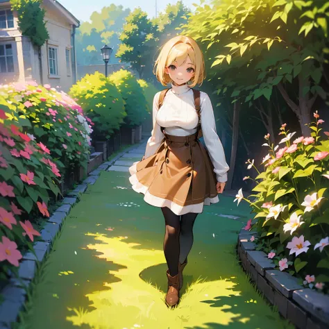 (high quality,  High Resolution , Very detailed, reality:1.37), Peaceful atmosphere, (Outdoor, garden), Teenage girl standing alone, (My breasts are large.), Beautiful details,  cute smile , (Blonde Bob Hair), Ribbed sweater,Brown skirt, Black tights, Brow...