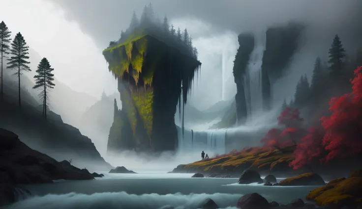 hard fog, surreal nature elements, fantasy elements, waterfall
