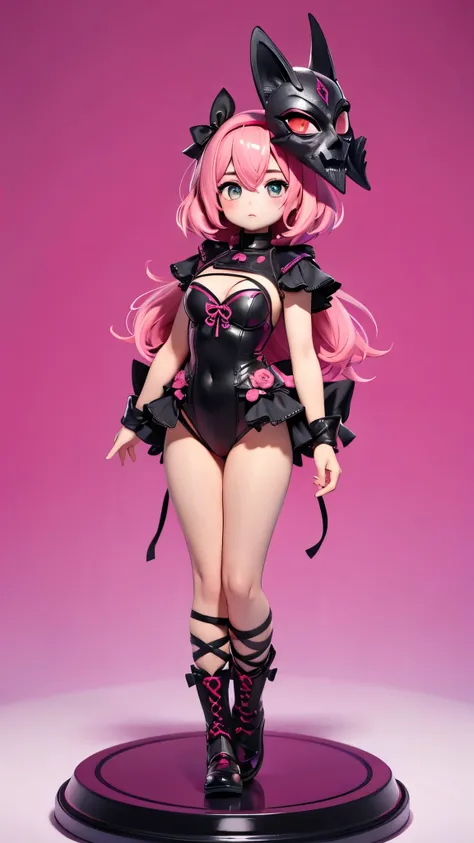 1 girl, solo, High Resolution , Pink Hair、pink lace-up leotard、Black Mask、Round face、Big Eyes、Character portrait, Simple Background, whole body、Facing each other、Stand with your feet apart、Wide open chest