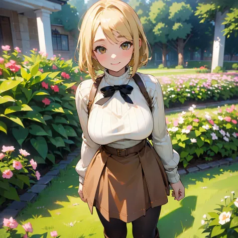 (high quality,  High Resolution , Very detailed, reality:1.37), Peaceful atmosphere, (Outdoor, garden), Teenage girl standing alone, (My breasts are large.), Beautiful details,  cute smile , (Blonde Bob Hair), Ribbed sweater,Brown skirt, Black tights, Brow...