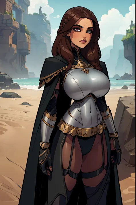 masterpiece, detailed eyes, busty, brown hair, fishtail braid, brown eyes, voluptuous, metal armour, black cape, black metal armor, pale skin, black veins