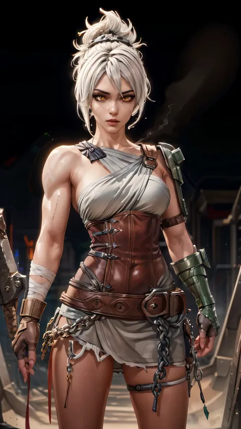 Riven Character, woman character, 1girl, muscular build woman, best quality, masterpiece, folded ponytail, short dress, coreset, single pauldron, white hair, black eyeshadow, bare shoulders, upper body, black jeans, detailed face, yellow eyes, confident st...