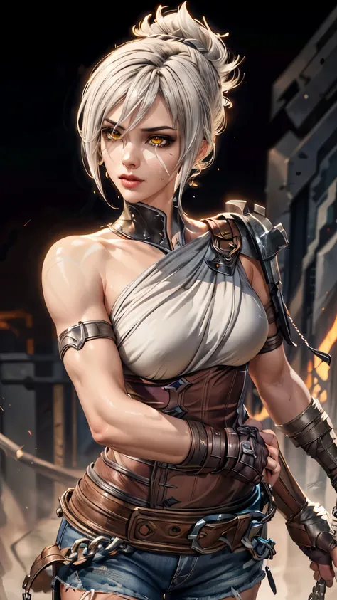 Riven Character, woman character, 1girl, muscular build woman, best quality, masterpiece, folded ponytail, short dress, coreset, single pauldron, white hair, black eyeshadow, bare shoulders, upper body, black jeans, detailed face, yellow eyes, confident st...