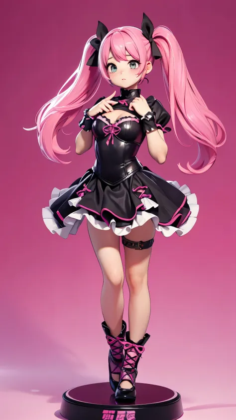  1 girl, solo,  High Resolution , Pink Hair、Very long twin tails、pink lace-up leotard、Black Mask、Round face、Big Eyes、Character portrait, Simple Background, whole body、Facing each other、Stand with your feet apart、Wide open chest、