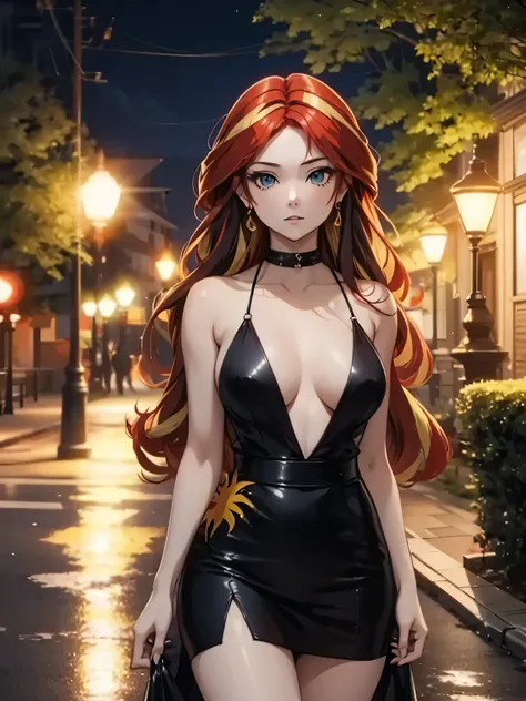 sunsethuman, female, two tones of hair, red and yellow hair, revealing dress, black dress, in a park, night-time, lampposts, the only light is from the lampposts 