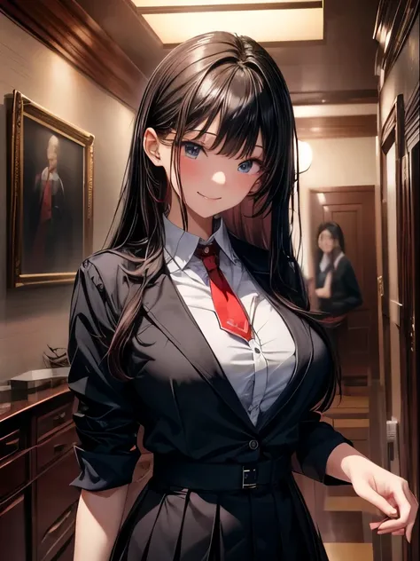 de primera calidad、Full members、full fingers、((a beautiful woman))、Beautiful busty woman、 Women with straight hair 、Woman with dark hair、 high school student、Thin collar shirt 、red tie、black skirt、river、A big smile