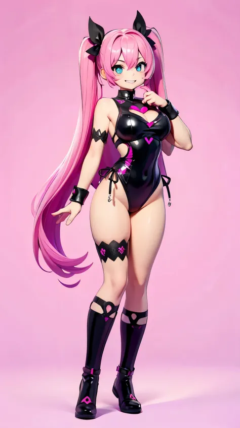  1 girl, solo,  High Resolution , Pink Hair、 very long twin tail、goth leotard 、Large Breasts、Round face、Big Eyes、Character portrait, White simple background, whole body、Facing each other、Stand with your feet apart、Wide open chest、Grin、Hall々Standing with a ...