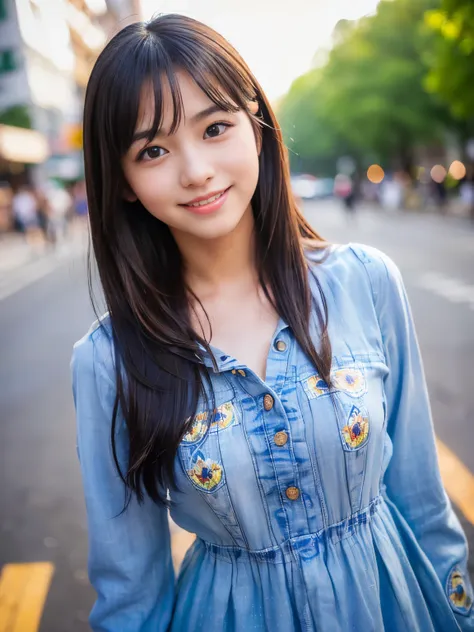 (Best-quality, Masterpiece, Ultra-High-Resolution, (Photorealistic:1.4), Raw Photo, depth of field, professional lighting),
(1girl, (((15-year-old))), the most famous Japanese idol, ((innocent-smile)), ((cowboy-shot)), looking at viewer),
((standing on str...