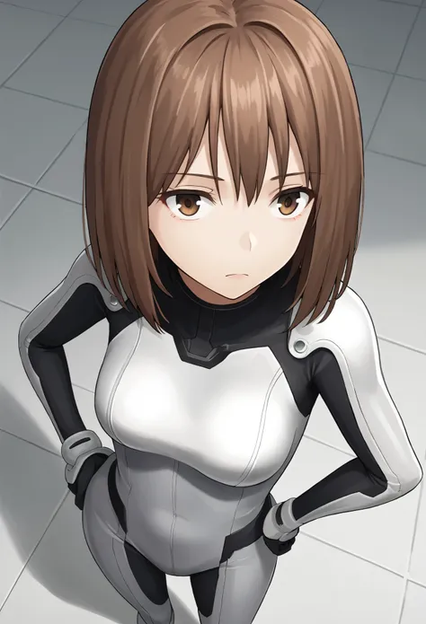 1girl, (masterpiece), best quality, expressive eyes, perfect face, Japanese anime girl, solo , medium hair,brown hair, cowboy shot, silver skin tight bodysuit,dynamic angle of view,hand on hip , looking away , closed mouth 