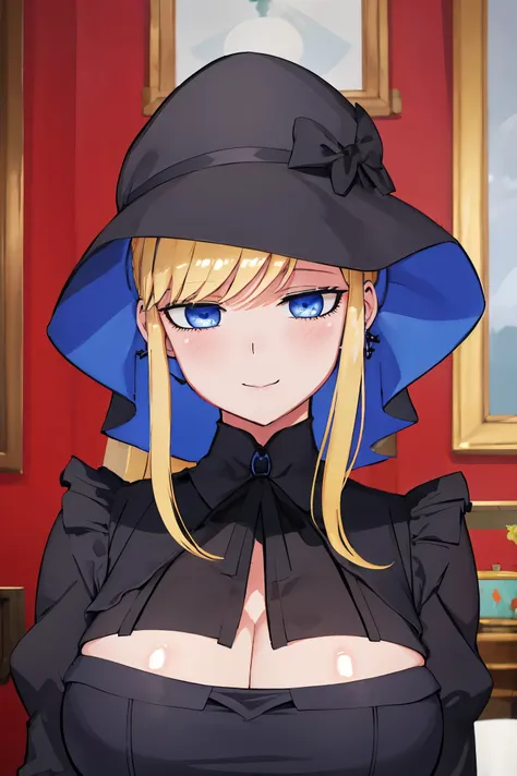 ((big  )), ((black gothic uniform)), maid hat, topless uniform, cleavage, blue eyes,  blonde hair, best quality, (masterpiece:1.2), indoor, cafe, room, looking at viewer, closed mouth, smile, blush face,  upperbody