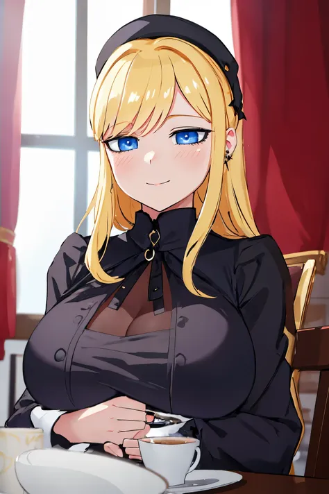 ((big tits )), ((black gothic uniform)), maid hat, topless uniform, cleavage, blue eyes,  blonde hair, best quality, (masterpiece:1.2), indoor, cafe, room, looking at viewer, closed mouth, smile, blush face,  upperbody