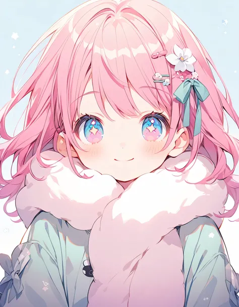 Create an anime-style VTuber character with the following features: - Hair: Short, layered pink hair with white tips, styled with a slight messiness. - Accessories: Hair adorned with a small, cute bunny clip and white flower hair clips. - Eyes: Large, expr...