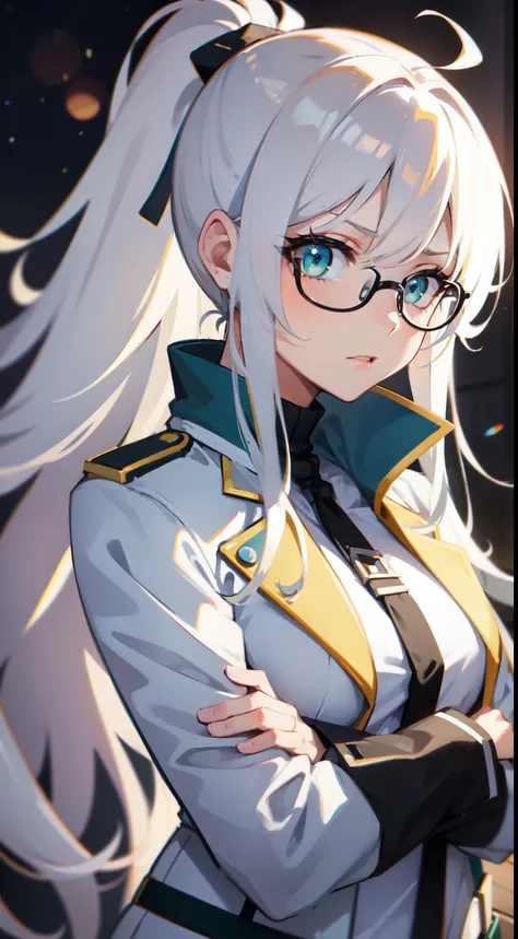 girl, gorgeous, Long white hair, Green eyes, high ponytail, hiquality, standind, angry pose, crossed arms, cientist outfit,  long white jacket, eyeglasses, angry mad