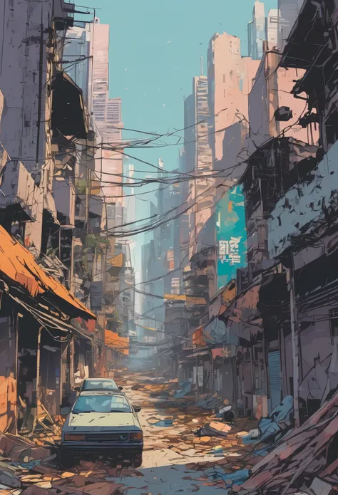 Flat style,  Heres a picture of a city street,There are a lot of debris on it, Post-apocalyptic city streets, in a  Ruined cityscape , outdoors  Ruined cityscape ,  Matt painting comic art , In a tropical and dystopian city, Destroy the city ,  Ruined city...