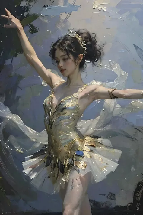  is dancing on a quiet lake at dusk:
 In this exquisite painting 、 scenes of elegance and serenity unfold in the colors of oil painting. In shades of oil painting、 living with intricate details ,  her supple figure ,  dressed in a flowing tutu , A beautifu...