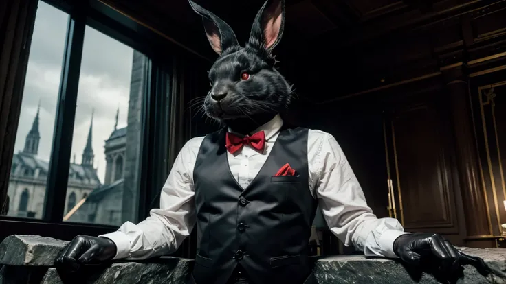 In the sinister environment of a large room in a tower, a creature sits on a stone throne, an anthropomorphic rabbit with black fur, wearing a white shirt, black vest, red bow tie and black top hat, with frightening red eyes, stalking its prey. . The Seine...