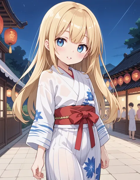 score_9, score_8_up, score_7_up, BREAK source_anime, anime screencap,, solo, shiina_anzu,blonde hair,long hair,blue eyes,parted lips,flat chest,white yukata,pink yukata,looking away,japan,summer festival,night,sky