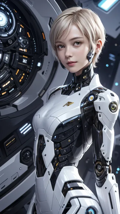 207 short hair, 20 year old female, floral, gentle smile, futuristic clothes, mechanical suit