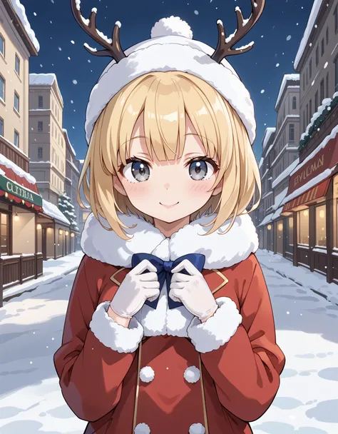 score_9, score_8_up, score_7_up, BREAK source_anime, anime screencap,, snowing, winter, mobian, 1girl, deer, medium blonde hair, grey eyes, attractive, gorgeous body, medium breast, warm winter clothes, city, smile, cute, Christmas, white gloves