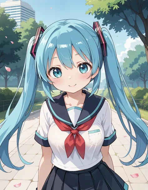 score_9, score_8_up, score_7_up, BREAK source_anime, anime screencap,, close-up, 1girl,cute_face,slender body,petite body,fair_skin,shiny hair,seductive posture, hatsune_miku,school_uniform,serafuku, outdoors,sakura,falling_petals,
