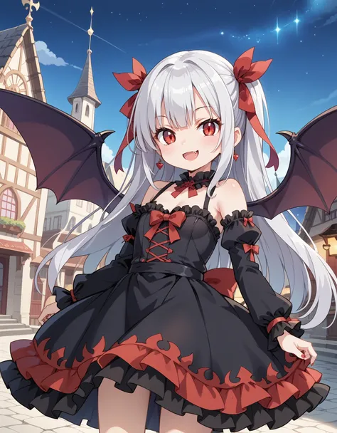 score_9, score_8_up, score_7_up, BREAK source_anime, anime screencap,, a young vampire girl, corruption, silver hair, long hair, red eyes, evil smile, black gothic dress, frilled skirt, bat wings, fang, fantasy, nightmare fantasy town, starry sky, best qua...