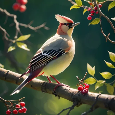 there is a bird that is sitting on a branch with berries, by Charles Bird King, beautiful nature, beautiful!!!!!!!!!, incredibly beautiful, beautiful and graceful, beautiful gorgeous, gorgeous beautiful, gorgeous and beautiful, inspired by Charles Bird Kin...