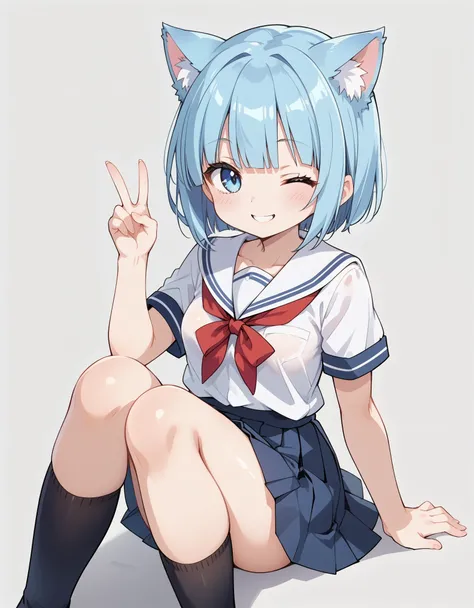 score_9, score_8_up, score_7_up, BREAK source_anime, anime screencap,, cute furry blue cat girl, blue hair, white fur, two tone fur, blunt bangs, short hair, light blue eyes, chest tuft, small breasts, wide chest, school uniform, school uniform skirt, smil...