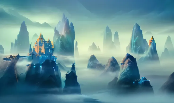 there's a castle ， in the middle of the mountain ，background is sky, dota matte painting concept map, fantasy style matte painti...