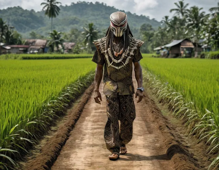 A photo of The Infamous Predator from the movie Predator. He is wearing Malaysia batik shirt and batik trousers.On top its head theres batik pattern.The Predator is walking on a soil road between two paddy field squares in a village. The photo has a low an...