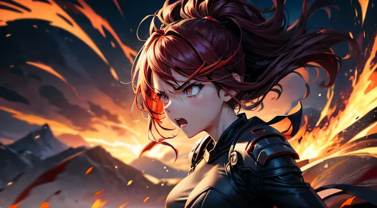 Create a striking anime-style illustration of a girl filled with intense anger. She should have vibrant, expressive features, with fiery eyes and a fierce expression that shows her determination. Her hair should be dramatically styled, possibly blowing in ...