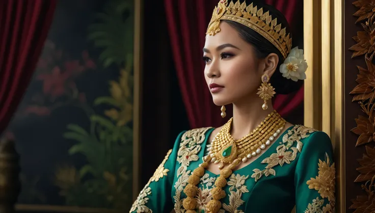 A malay queen wearing baju kebaya, kerongsang, high-quality malay traditional jewelry, intricate details, hyperrealistic, 8k, bringing malay styled soldiers for war