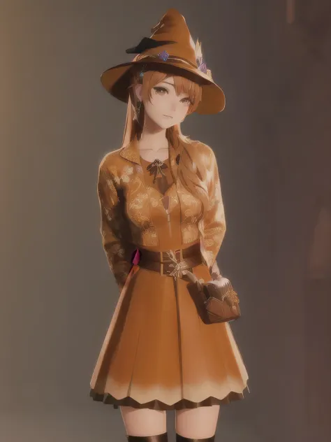 there is a woman in a brown dress and a hat, render of a cute 3d anime girl, highly detailed character, render of april, render of mirabel madrigal, beautiful cowboy witch, anime styled 3d, hyperdetailed fantasy character, small character. unreal engine 5,...