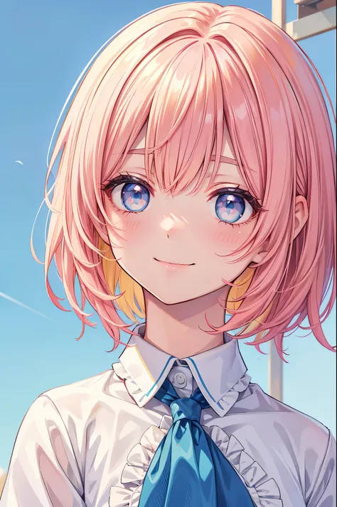 masterpiece,best quality,beautiful anime eyes,very cute face,absurdres,smile,Medium short hair, messy heir,Short bangs above brows, pink and yellow hair, blue eyes,Blue Foodie