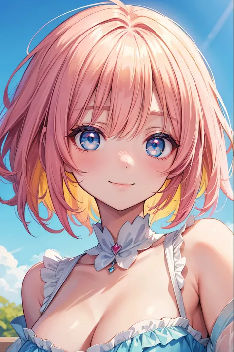 masterpiece,best quality,beautiful anime eyes,very cute face,absurdres,smile,Medium short hair, messy heir,Short bangs above brows, pink and yellow hair, blue eyes,Blue Foodie