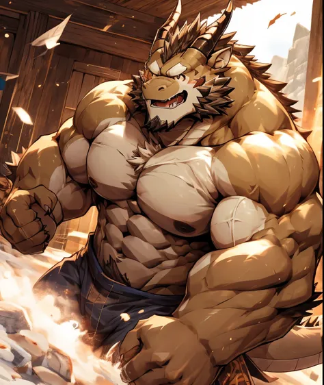 一个白dragon兽人，sturdy construction，muscular，like a born strong man。his skin looks healthy and fair out.，muscles and fat interwoven，...