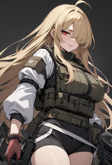 (high-quality, breathtaking),(expressive eyes, perfect face) 1girl, female, solo, mature, half open eyes, Alicization, Symmetrical Eyes, simple background, seductive smile, long hair, SAO inspired, maomao, armor, cowboy shot, medium full shot, light blonde...