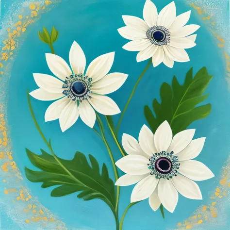 painting of three white flowers with blue centers on a green background, glowing hue of teal, soothing colors, greenish blue tones, teal aesthetic, blue flowers, turquoise, blue - petals, beautiful large flowers, turqouise, serene expression, blue and cyan...