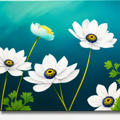 painting of three white flowers with blue centers on a green background, glowing hue of teal, soothing colors, greenish blue tones, teal aesthetic, blue flowers, turquoise, blue - petals, beautiful large flowers, turqouise, serene expression, blue and cyan...