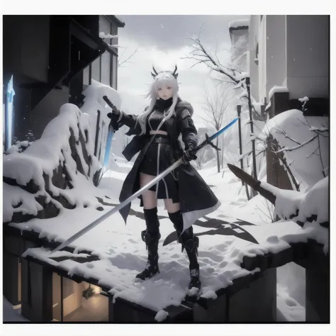 Woman character with a sword and a sword in a snowy area, from arknights.