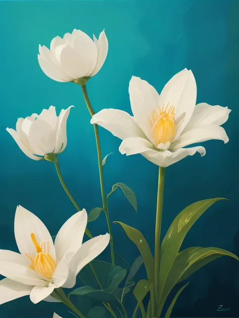 painting of three white flowers with blue centers on a green background, a digital painting by Zelma Blakely, trending on cg society, art nouveau, glowing hue of teal, soothing colors, greenish blue tones, teal aesthetic, blue flowers, turquoise, blue - pe...