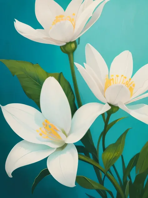 painting of three white flowers with blue centers on a green background, a digital painting by Zelma Blakely, trending on cg society, art nouveau, glowing hue of teal, soothing colors, greenish blue tones, teal aesthetic, blue flowers, turquoise, blue - pe...