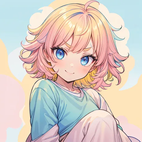 masterpiece,best quality,beautiful anime eyes,very cute face,absurdres,Medium short hair, messy heir,Short bangs above brows, pink and yellow hair, blue eyes,Blue Foodie