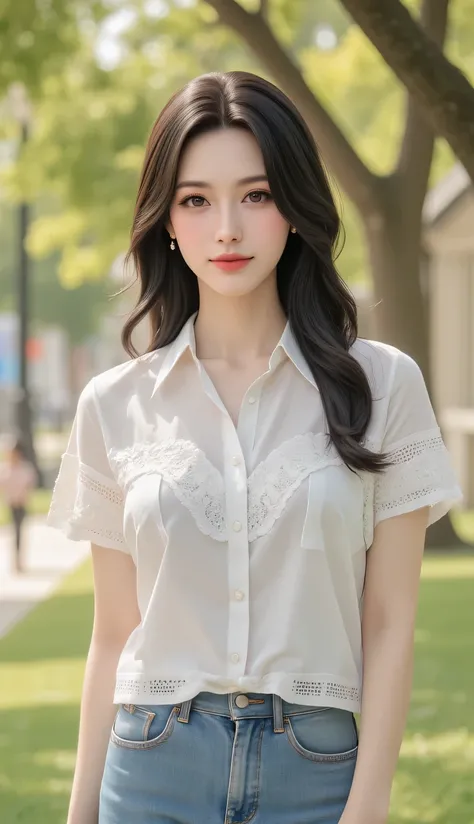 Korean 28-year-old sister ， with long dark black hair ，The ends of the hair are slightly curled，exuding feminine charm。 wearing a white lace shirt ，With blue jeans，Elegant temperament，Confident and generous。 Her smile brings warmth and strength， makes peop...