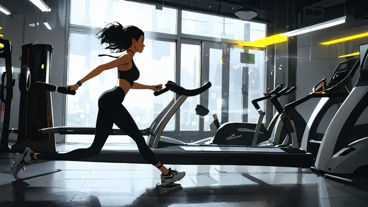 Woman running on a treadmill at the gym ,Woman wearing tight black leggings and neon white bra top,  two-piece tracksuit , Sports bra , adidas logo on the right ,vivid colors, soft focus,  light leak , dreamy atmosphere,  experimental appeal ,  retro break...