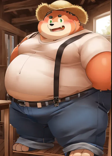 Alone, lobo, chico, male,  extremely fat cheeks , sweaty, blushing, obese, (morbidamente obese, peligrosamente obese), big belly,  peach-colored hair , green eyes, disheveled hair,  wearing a tight white formal shirt,  red suspenders that stick to your bel...