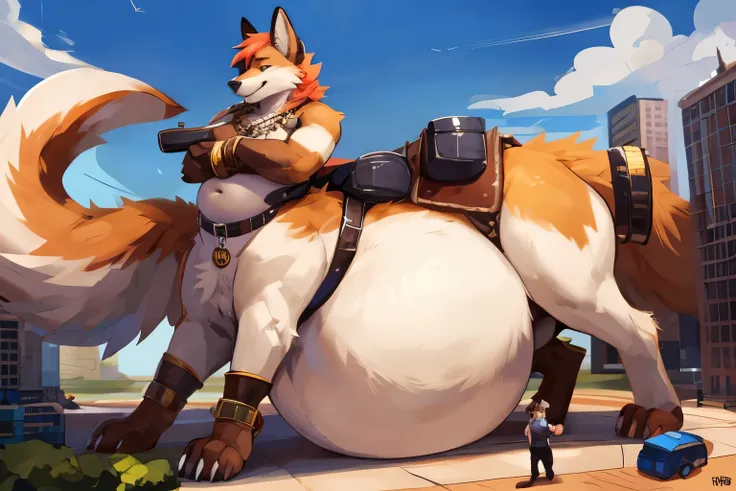 4k ultra quality, 4k full body view,ultra high detailed body,singo person,(foxtaur), detailed body, (ultra detailed (taur) belly), white belly fur,(bigger taur belly), (round taur belly),(hyper taur belly), enormous taur body,by mystikfox61, by glitter trap boy, by bebebebebe,by morethreedee, by seibear,(thick thigh),(chubby thigh),thicc thigh,thick legs,chubby legs,thicc legs,massive butt,enomorous thigh,massive thigh,massive legs,(wide thigh),thick butt,fluffy belly,sharp nails,((sfw)),big tail,fluffy tail,(detailed tail),enomorous tail,side view,front view,bigger tail,huge tail,enomorous thigh, necklace,golden bracelet,leather belts,multiple belts,(macro),(giga),(plugged),lower view,bloated taur belly