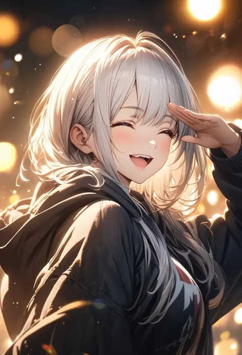 baggy hoodie, off shoulder, Cinematic lighting, lens flare, f/1.2, masterpiece, highest quality, highly detailed CG Unity 8K wallpaper, girl anime illustration. She makes a salute pose to the audience, closes her eyes and smiles with her mouth open. White ...