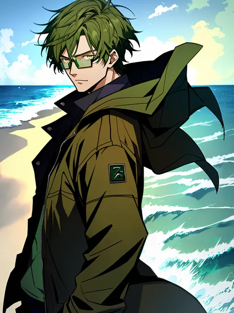 Anime-Man with short dark green hair and dark green coat，Yellow eyes，Glasses，With the ocean as the background