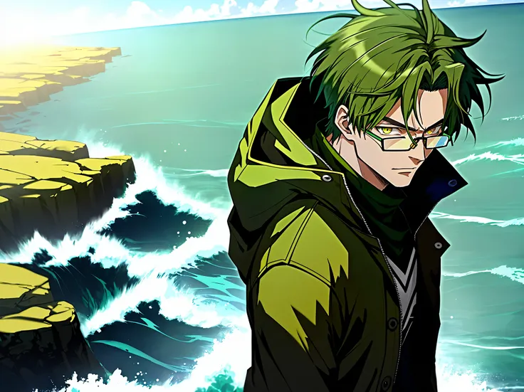 Anime-Man with short dark green hair and dark green coat，Yellow eyes，Glasses，With the ocean as the background