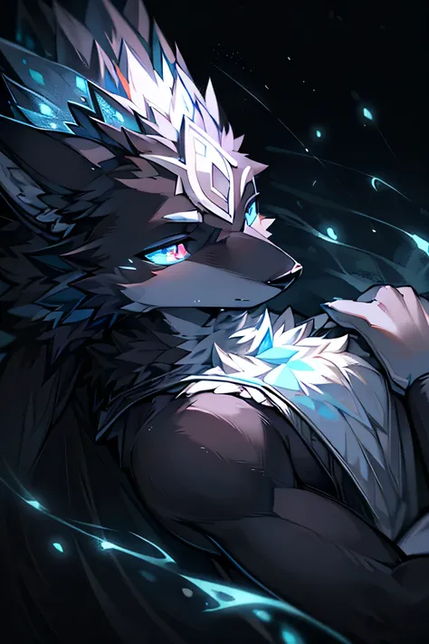  wolf black boy 　Black and white fur　wolf wallpaper 4k ,8k, Very Detailed   , brightly colored dense forest,Holy atmosphere,Dappled sunlight, Whimsical ,Quiet Expression,Exquisite hand-painted details,Glowing eyes　Anime style　fox　blue　　　　　Mysterious backgr...